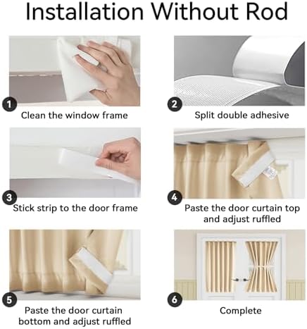 Vatge Self-Adhesive Sidelight Curtains for Glass Doors - No Drill Removable Window Coverings, Light Filtering Panel, 1 Panel, W12 x L60, Beige - Image 4
