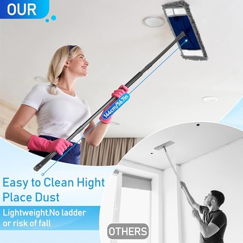 Wall Cleaner Mop with Long Handle, Extra Wall Dust Mop for Washing Walls with 2 Microfiber Reusable Pads,Floor Dry Wet Duster Mops for Wall Washer, Floor,Ceiling Cleaning，Blue - Image 3