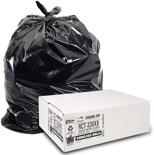 Aluf Plastics RCT-33XXX Heavy Duty 33 Gallon Trash Bags (Huge 100 Ct. /w Flap Ties) - 2 MIL equiv. Thick Gauge Large Black Plastic Garbage Liners for Kitchen, Home. Outdoor, Lawn, Yard, Contractors, Brute/Rubbermaid cans by AlufPlastics