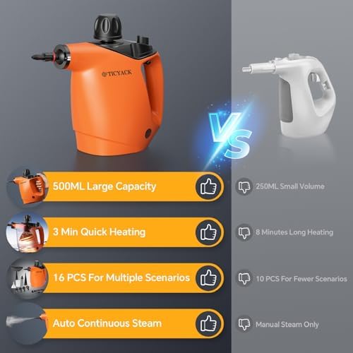 TICYACK Handheld Steam Cleaner, 500ML & Continuous Steam, 16 PCS, Orange - Image 3