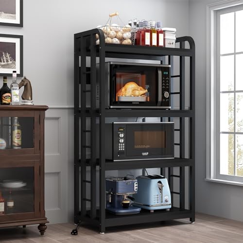 Bakers Rack with Power Outlet ，Microwave Stand 4-Tier Kitchen Baker's Rack, Free Standing Baker's Rack Kitchen Stands with Storage Suitable for Kitchen, Living Room, Dinning Room，Coffee Bar (Black) by SIREDEEP