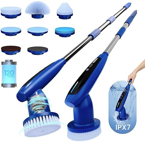 2026 Upgraded Electric Spin Scrubber: 120 Min Runtime, IPX7 Waterproof Cordless Power Scrubber, Adjustable Extension Handle, 8 Heads, 2 Speeds for Shower, Tub, Tile & Floor by iKLYN