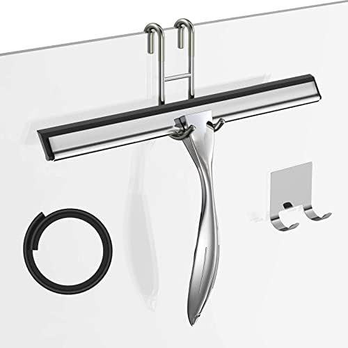 Shower Squeegee for Glass Door 12-Inch Stainless Steel Bathroom Squeegee Window Wiper, Includes Shower Door Hook, Adhesive Hook, and Spare Silicone Blade for Window Mirror Car All-Purpose Squeegee by SSTOOHL
