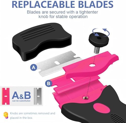 4 PCS Razor Blade Scraper with 40Pcs Metal and 40Pcs Plastic Blades, 2-in-1 Cleaning Scraper Tool for Cooktop Oven Floor Window Glass Car (Pink) - Image 2