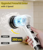 Electric Spin Scrubber, Cordless Household Cleaning Brush with 6 Replaceable Heads, 3 Speeds, LED Display, Lightweight Handheld Power Scrubber for Cleaning Stove/Bowl/Sink/Corner/Tile/Grout-White - Image 4
