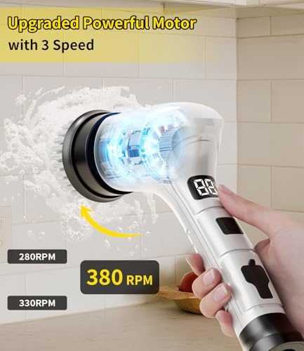 Electric Spin Scrubber, Cordless Household Cleaning Brush with 6 Replaceable Heads, 3 Speeds, LED Display, Lightweight Handheld Power Scrubber for Cleaning Stove/Bowl/Sink/Corner/Tile/Grout-White - Image 4