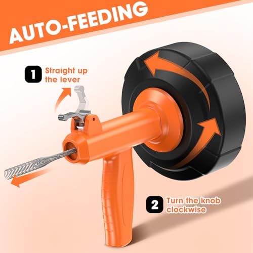 Drain Snake, Auto Feed Plumbing Snake with Drill Adaptor, 25 Feet Drain Auger Tool Set Included Drain Clog Remover, Hair Clog Remover ＆ Cleaning Brush for Kitchen, Bathroom and Shower Sink with Gloves - Image 2