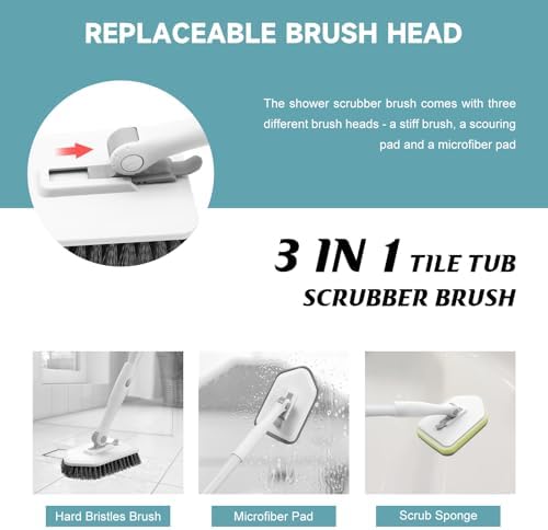 nacena Shower Scrubber with Long Handle, 4 in 1 Tile Tub Scrubber Brush with 3 Detachable Cleaning Heads and V-Shaped Grout Brush Shower Cleaner Brush for Bathroom Kitchen Toilet Tub Sink, Grey White - Image 4