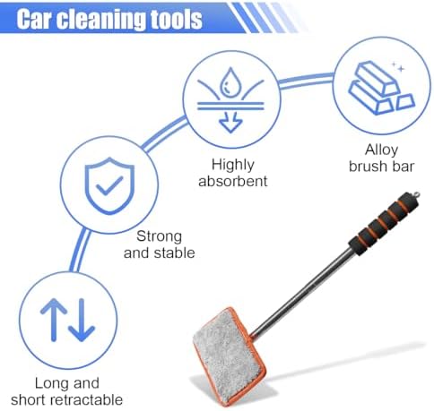Car Windshield Cleaner Tool, Retractable Rearview Mirror Brush with Extendable Handle, Microfiber Window Washing Pad, Portable Auto Glass Wiper for Car Home Office (Orange) - Image 3