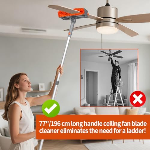 Ceiling Fan Cleaner Duster with 72‘’ Extendable Long Handle Cleaning Duster Kit, Reusable Chenille & Microfiber Mop Head for High Ceiling Fan Blade Wall Blinds Cobweb - Image 3