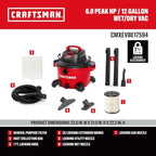 CRAFTSMAN CMXEVBE17594 12 Gallon 6.0 Peak HP Wet Dry Shop Vacuum - Image 3