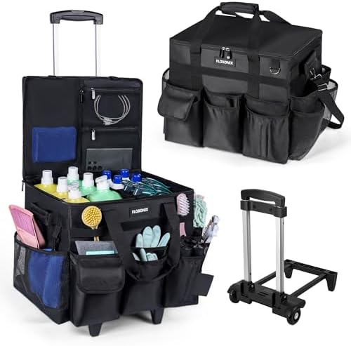 Large Rolling Cleaning Caddy Bag with Wheels, with Detachable Trolley, Cleaning Bags on Wheels for Housekeepers, Cleaning Cart Supplies Organizer for Home, Car, Picnic (Black) by Unknown