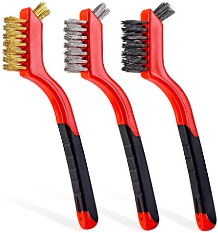 Wire Brush Set 3PCS - Nylon/Brass/Stainless Steel Bristles with Curved Handle Grip for Rust, Dirt & Paint Scrubbing with Deep Cleaning – 7 Inches (Red) by Lavaxon-TheCleaningCompanion