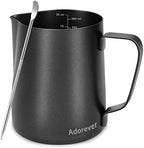Milk Frothing Pitcher, 20oz Steaming Pitchers Stainless Steel Milk Coffee Cappuccino Latte Art Barista Steam Pitchers Milk Jug Cup with Decorating Art Pen, Matte Black by Adorever