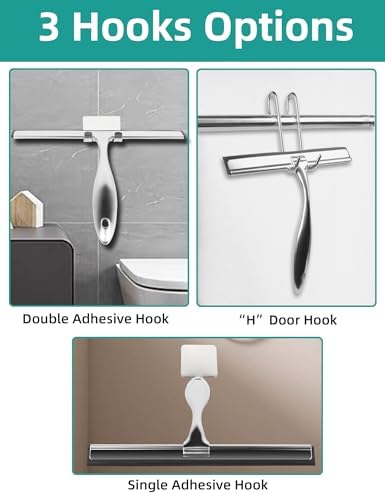 All-Purpose Stainless Steel Shower Squeegee Come with S Hook, 2 Square Sticky Hook 2 Rubber Strips Shower Squeegee for Glass Doors, Windows, Mirrors, Tiles and Car Glass -12 Inches Silver - Image 5