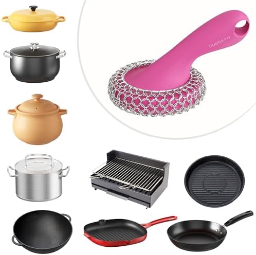 SUBEKYU Cast Iron Scrubber with Silicone Handle, Stainless Steel Skillet Cleaner for Cast Iron Pans (Pink) - Image 6