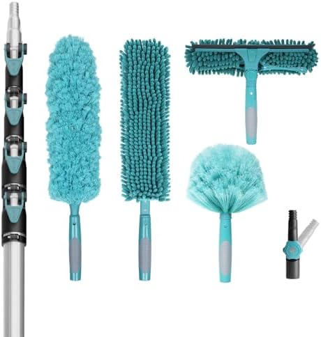 TelesPro 36 Foot High Reach Duster Kit with 7-30FT Extension Pole High Ceiling Dusting and Window Cleaning Kit with Telescopic Pole Window Washer&Squeegee,Cobweb Duster,Fan Duster and Feather Duster by TelesPro