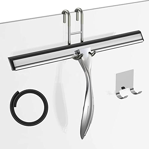 14-Inches Stainless Steel Shower Squeegee Set, Include Shower Door Hook, Adhesive Hook and Spare Silicone Blade, Window Squeegee for Shower Glass Door, Bathroom, Mirror, Window and Car Glass by SSTOOHL