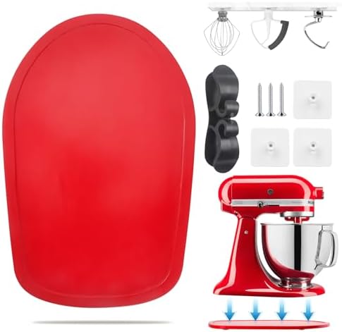 Sliding Mat for Kitchen aid 4.5-5 Qt Stand Mixer with 1Pc Cord Organizer and 3Pcs Attachment Holder for Kitchen Appliance Slider (4.5-5 Qt Bamboo and Attachment, Red) by Sun3drucker