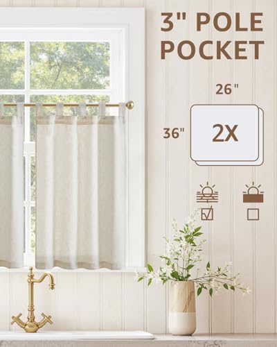 jinchan Linen Tier Curtains, Tab Top, 26x36, 2 Panels, Natural - Image 3