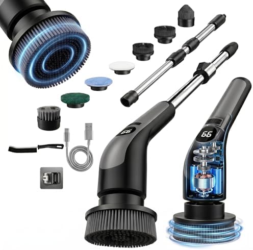 Electric Spin Scrubber with LCD Display, Cordless Cleaning Scrubber for Home, Upgraded 70W Dual Speed Motor, IPX7 Waterproof Power Scrubber, 7 Brush Heads, Extendable Long Handle by LivingPro