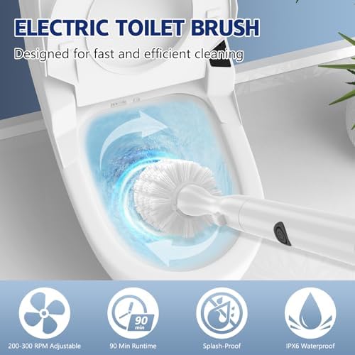 Electric Toilet Brush and Holder Set, Electric Toilet Bowl Brush, Toilet Brush Cleaner Set with 5 Refills Disposable Cleaner Brush, Floor Standing, Wall Mounted Without Drilling, Rechargeable, White - Image 3