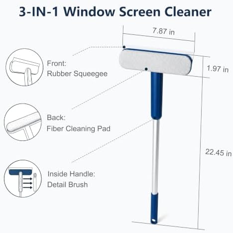 3-in-1 Window Screen Cleaner with Squeegee & Built-in Detail Brush, Aluminum Handle Cleaning Tool for Window Screens, Glass, Patio Doors & Sliding Door Tracks - Image 2