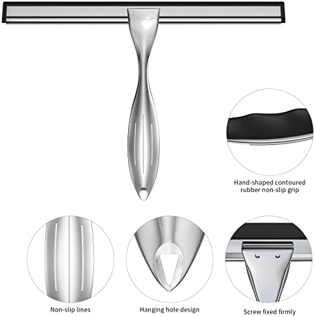 Shower Squeegee for Glass Door 12-Inch Stainless Steel Bathroom Squeegee Window Wiper, Includes Shower Door Hook, Adhesive Hook, and Spare Silicone Blade for Window Mirror Car All-Purpose Squeegee - Image 2