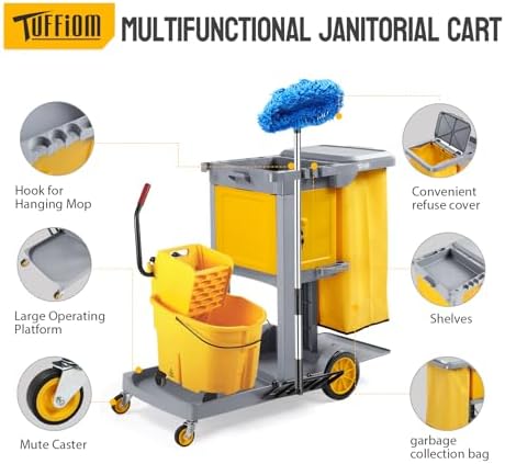 TUFFIOM Multifunctional Janitorial Cart with Key-Locking Cabinet,Cleaning Carts on Wheels,with 15 Gallon Collection Bag,500 lbs Capacity, Yellow&Gray - Image 4