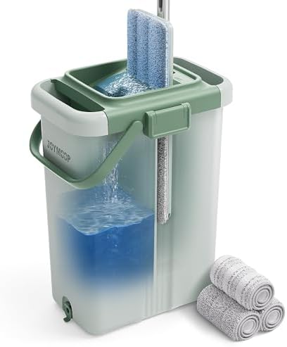 JOYMOOP Flat Mop System, Microfiber Mop and Bucket Set, Green, Commercial & Household Floor Cleaning Mop with Long Handle, Includes 3 Reusable 15" Pads by JOYMOOP