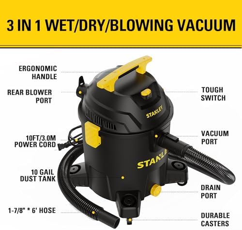 STANLEY 10 Gallon Wet Dry Vacuum, 6 Peak HP Poly Built-in Drain Shop Vac Blower with Powerful Suction, Multifunctional Shop Vacuum W/ 6 Horsepower Motor for Job Site, Garage, Basement, Van, Workshop - Image 2