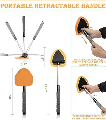 Car Windshield Cleaner Tool with Reusable Pads Extendable Handle (Orange) - Image 3