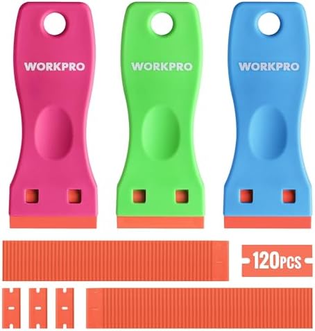 WORKPRO Plastic Razor Blade Scraper Kit, 3 Scrapers with 120 Blades by WORKPRO