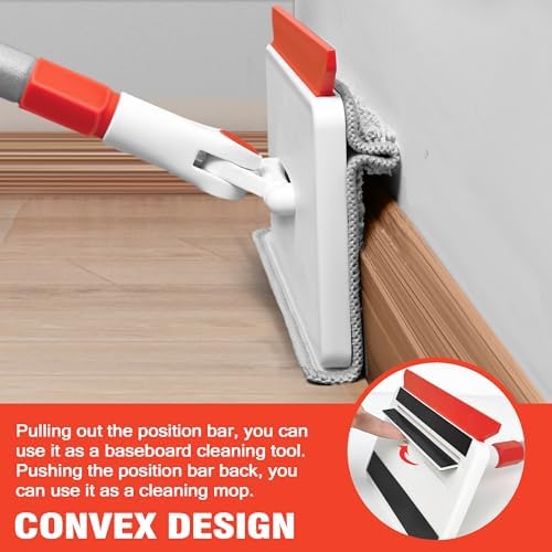 JEHONN Baseboard Cleaner Tool with Handle, 56 inches Base Boards Cleaning Mop Scrubber, 1 Stiff Bristles Brush, 2 Chenille and 2 Microfiber Pads, Wall Duster for Floorboard Ceiling Window Tile - Image 2