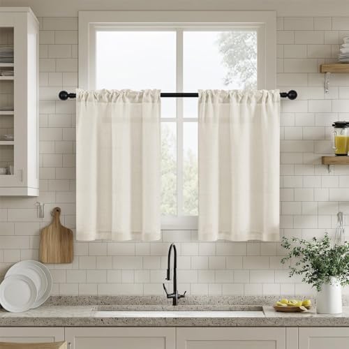Natural Linen Curtains for Kitchen Window 30 Inches Long 2 Panels - Image 3