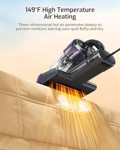 Simple Deluxe Mattress Vacuum Cleaner, 350W Bed Vacuum Cleaner with 18Kpa Powerful Suction and Triple Dust Bin, 253.7nm UV-C Light, HEPA Filter & Ultrasoni, 149℉ Heat, Handheld for Bed, Sofa, Corded - Image 4
