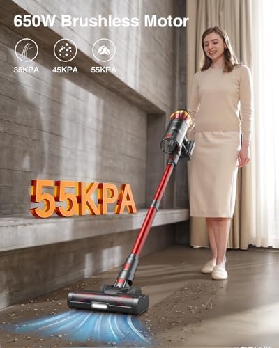 Cordless Vacuum Cleaner, 650W/55KPa 70Mins Vacuum Cleaners for Home, Self-Standing Stick Vacuum with Anti-Tangle Brush & OLED Touch Screen, Vacuum Cleaner for Hardwood Floors,Carpet,Pet Hair,Car (Red) - Image 2