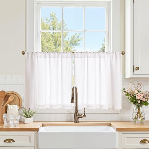 jinchan Linen Kitchen Tier Curtains, 38x24, 2 Panels, Beige White by JINCHAN