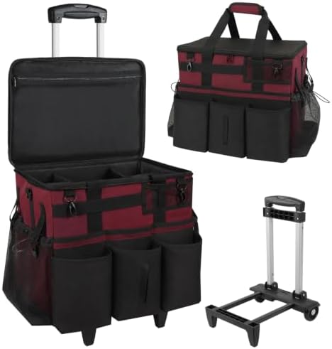 SCAVATA Rolling Cleaning Caddy Bag with Detachable Trolley, Large Cleaning Supplies Organizer with Wheels, Multi-Pocket Cleaning Cart with Adjustable Shoulder Strap for Housekeepers (Magenta) by Tidyyourlife