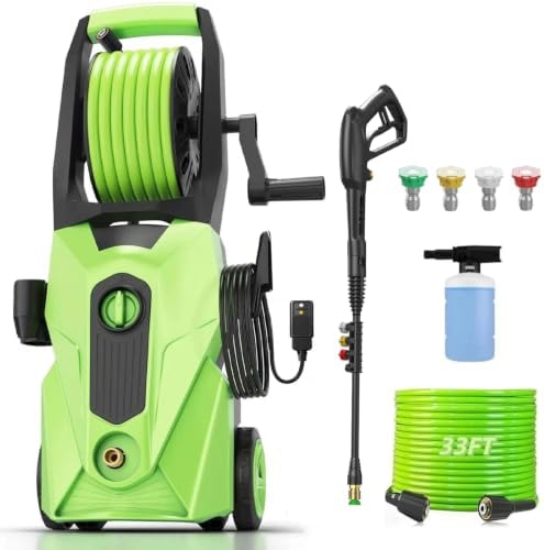 Electric Pressure Washer 5000 PSI High Power Washer with 33ft Hose Reel,4 Nozzles and Foam Cannon,Power Cleaners Machine for Home, Cars, Patio, Green by ImdotDirect