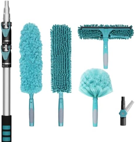 TelesPro 20 Foot High Reach Duster Kit with 5-12FT Extension Pole High Ceiling Dusting and Window Cleaning Kit with Telescopic Pole Window Washer&Squeegee,Cobweb Duster,Fan Duster and Feather Duster by TelesPro