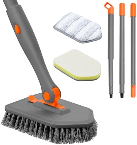 nacena Shower Scrubber with Long Handle, 3 in 1 Tile Tub Scrubber Brush with 3 Detachable Cleaning Heads Adjustable Handle Shower Cleaner Brush for Bathroom, Kitchen, Toilet, Wall, Sink, Grey Orange by nacena