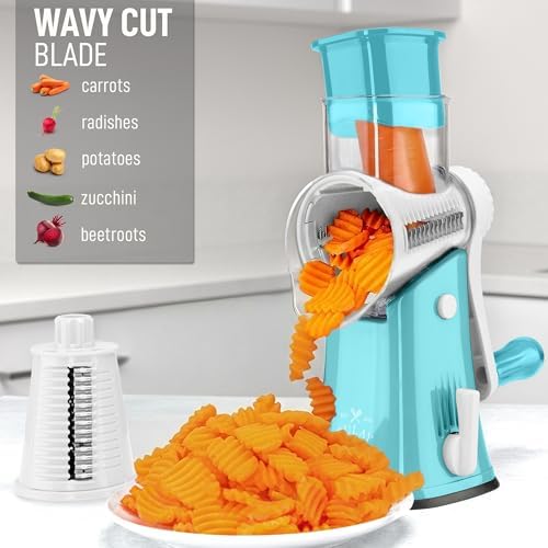 Rotary Cheese Grater Manual Hand Crank 5 Blade Shredder, White & Light Blue | 5 Interchangeable Drums With Reinforced Suction Non-Slip Base Kitchen Countertops for Fresh Cheese, Vegetables & Other Food - Image 4