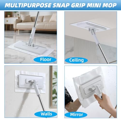 2 in 1 Disposable Dust Mop with 3 Shiny Towels Wipes Cleaning Cloths, 360° Rotating Snap Grip Mini Mop with Automatic Cloth Changing, Wall Cleaning Tool for Window Glass Wall Floor (White) - Image 3