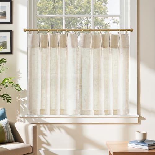 jinchan Linen Pinch Pleated Back Tab Tier Curtains, 26x30, Natural - Image 3