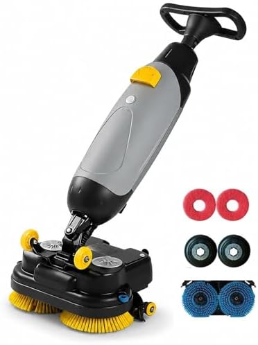 Cordless Floor Scrubber For Small Commercial Spaces,17In 140aw Walk-Behind Cleaning Machine W/360° Rotation Dual Brush/Squeegee Width 430mm-For Offices,Restaurants, Salons Retail Stores Grey by Unknown