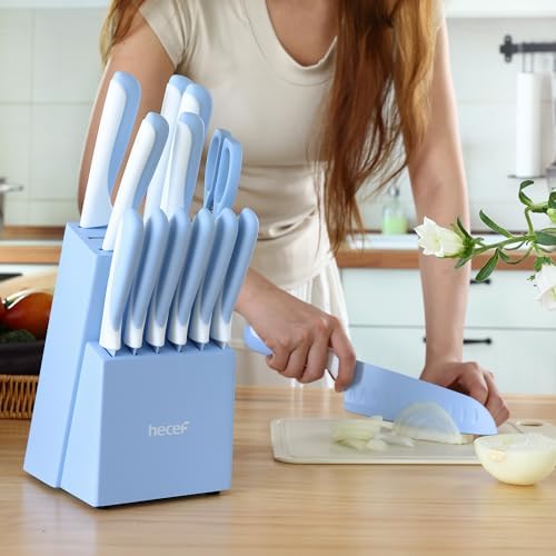 hecef 15 Pieces Kitchen Knife Block Set, Blue - Image 5