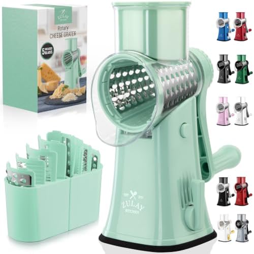 Rotary Cheese Grater Manual Hand Crank 5 Blade Shredder, Mint by ZulayKitchen