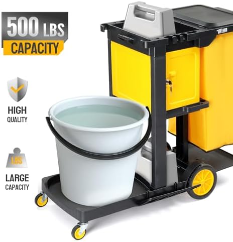 TUFFIOM Janitorial Cart with Key-Locking Cabinet, 3-Shelf Commercial Cleaning Cart, Housekeeping Caddy with Locker,Wheeled with Yellow Vinyl Bag, Black, Great for Hotel, Stores, Schools, and Business - Image 7