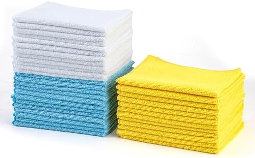 Amazon Basics Microfiber Cleaning Cloths, Ultra Absorbent, Scratch-Free, Highly Absorbent, Non-Abrasive, Reusable and Washable, 16" x 12", Blue/White/Yellow, 36-Pack by AmazonBasics